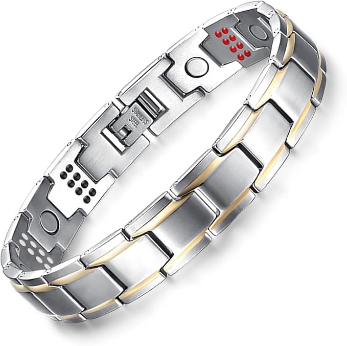 JFUME Pulseira magnética masculina banhada a ouro 18 quilates, joia de aço inoxidável com ferramenta de remoção de elos, 21,6 cm, ajustável