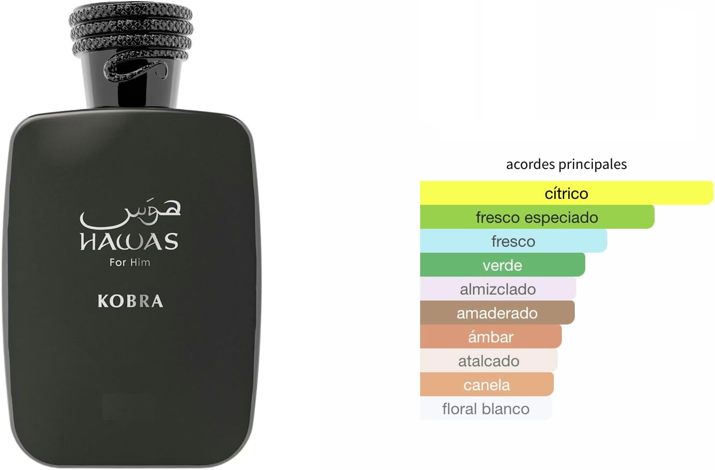 Hawas Kobra Eau de Parfum masculino de 100 ml, perfume árabe para homem de longa duração, inclui atomizador recarregável, fragrância oriental madeirada com notas de ergamota, canela e almiscarado